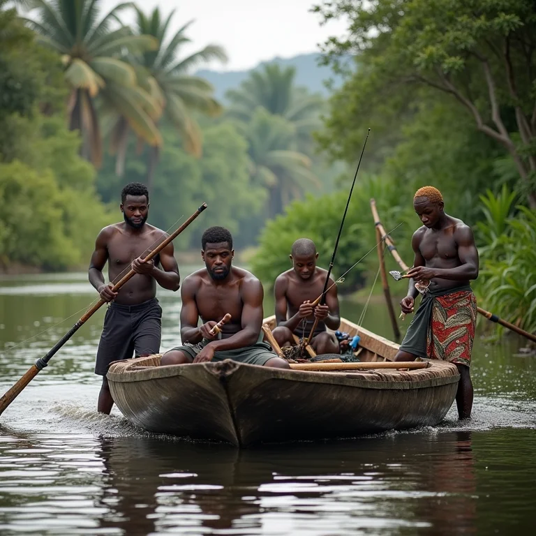 Pessoas pescando em barco no Rio Mutum