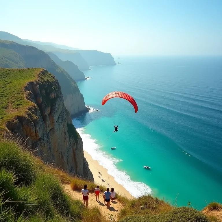 Pessoas praticando parapente na Praia da Pipa, Rio Grande do Norte.