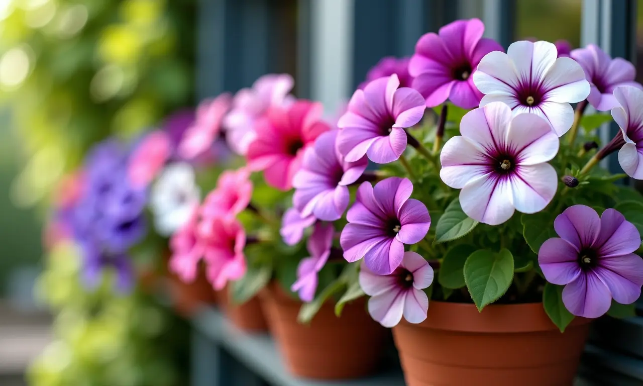 Petúnias de diversas cores em cestos suspensos em uma varanda ensolarada.