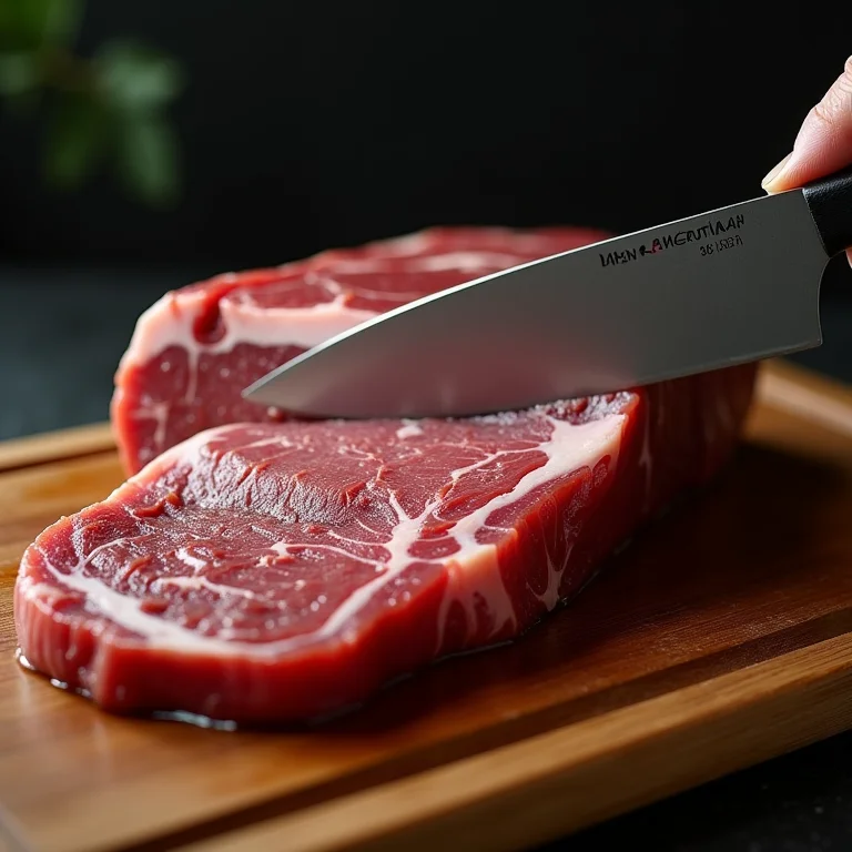 Picanha argentina sendo cortada em fatias grossas sobre tábua de madeira.