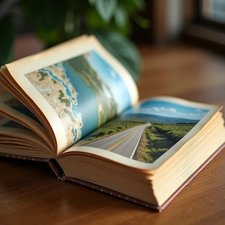 Pilha de guias de viagem antigos com um aberto mostrando uma estrada cênica.