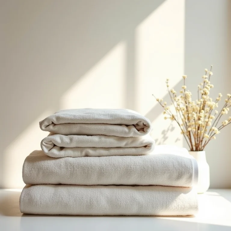 Pilha de roupas de cama com vaso de flores