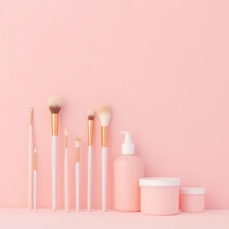 Pincéis de maquiagem e produtos de skincare organizados.