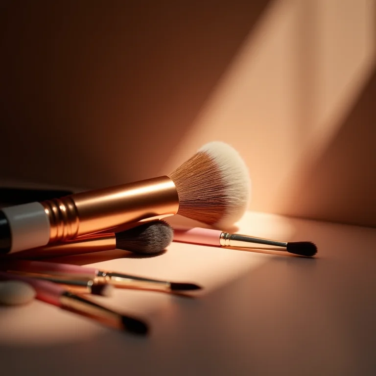 Pincéis de maquiagem em close-up, enfatizando a importância da iluminação adequada