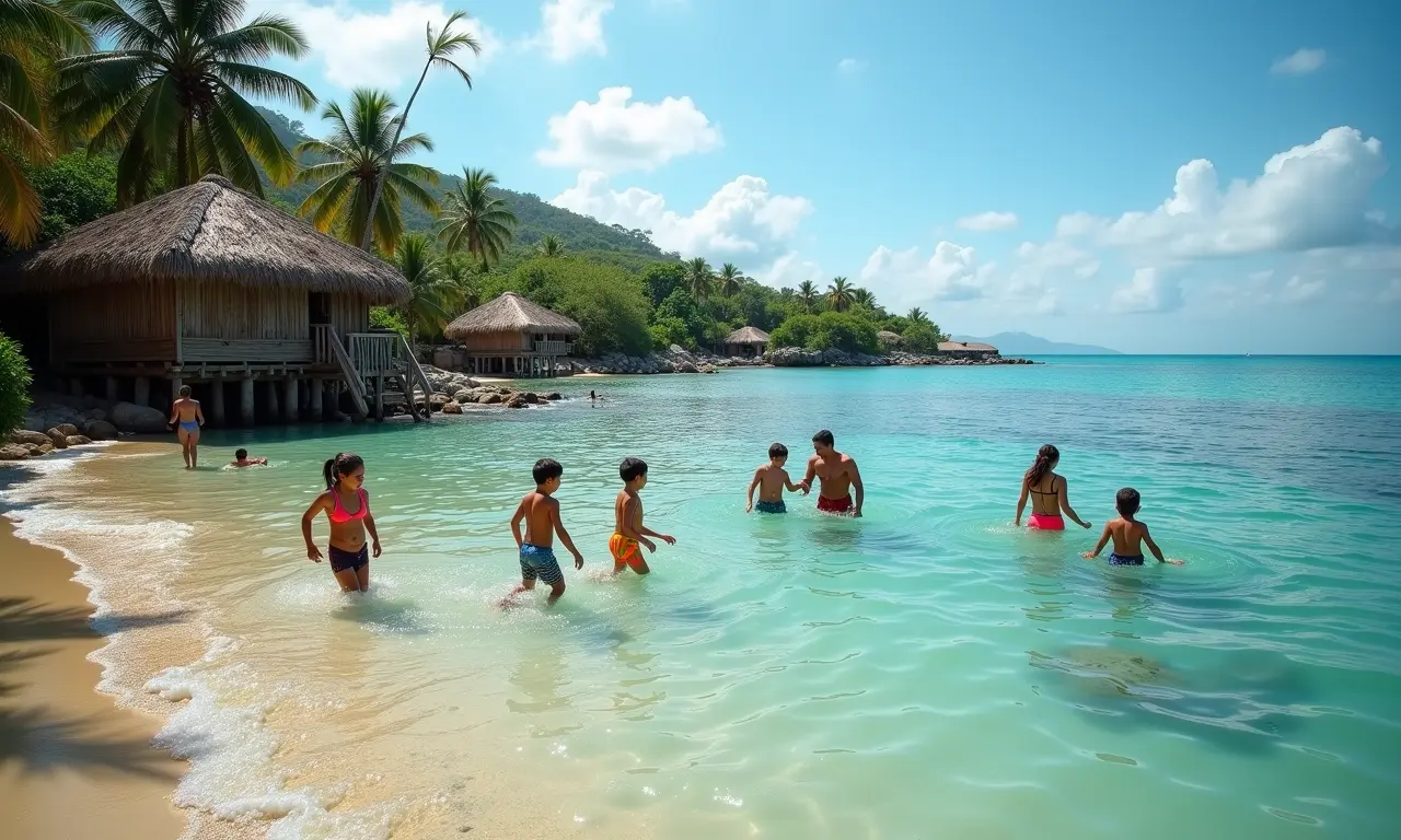 Piscinas naturais de Japaratinga na maré baixa, com famílias aproveitando.