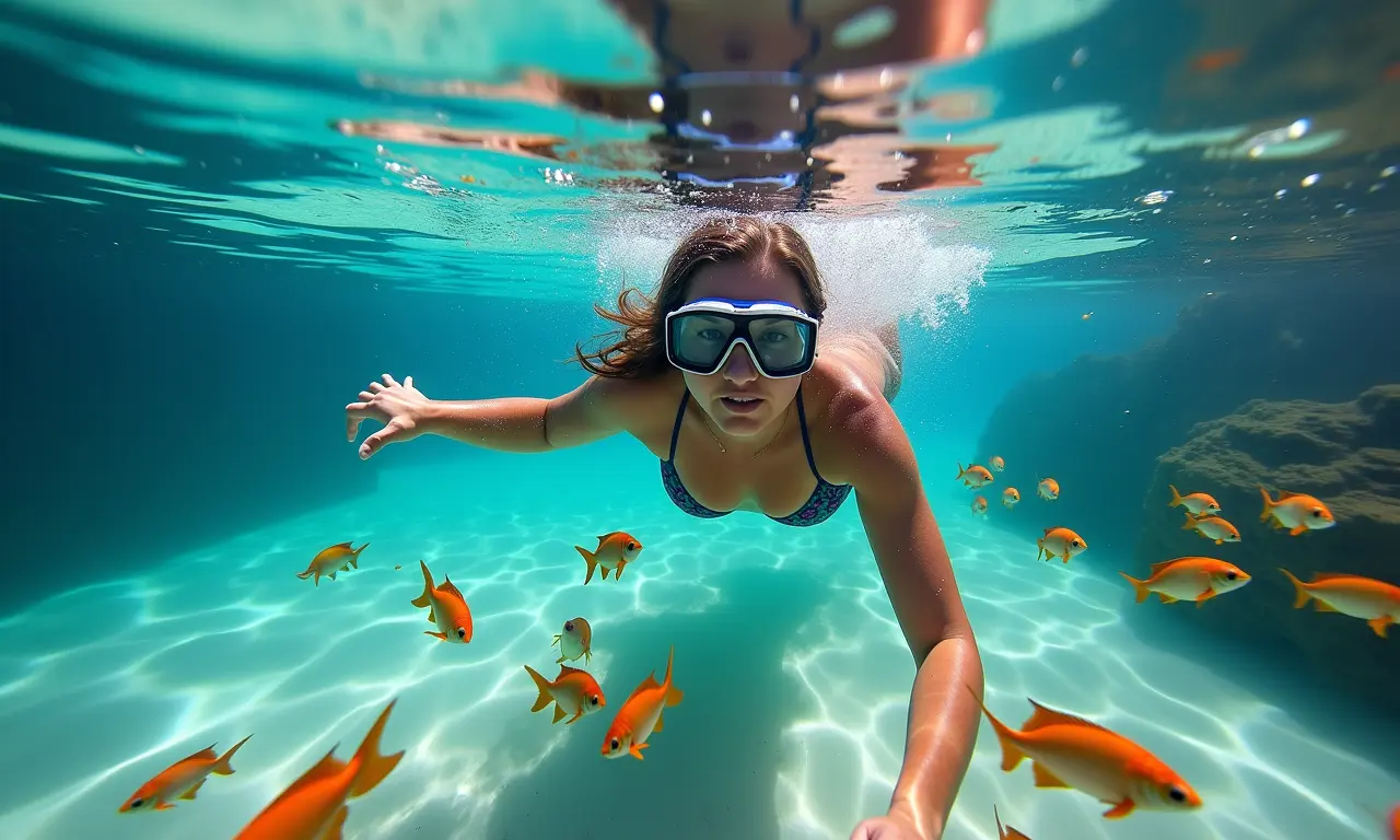 Piscinas naturais de Porto de Galinhas, Pernambuco, com peixes coloridos.