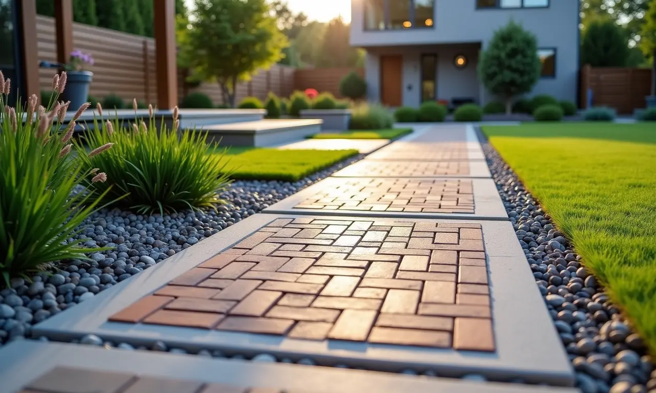 Piso drenante com diferentes cores e padrões em área externa.