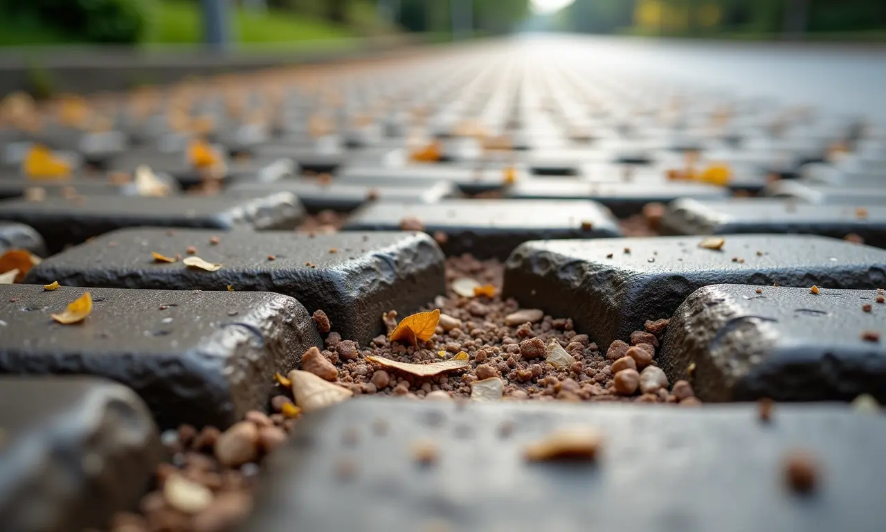 Piso drenante com sinais de entupimento por detritos.