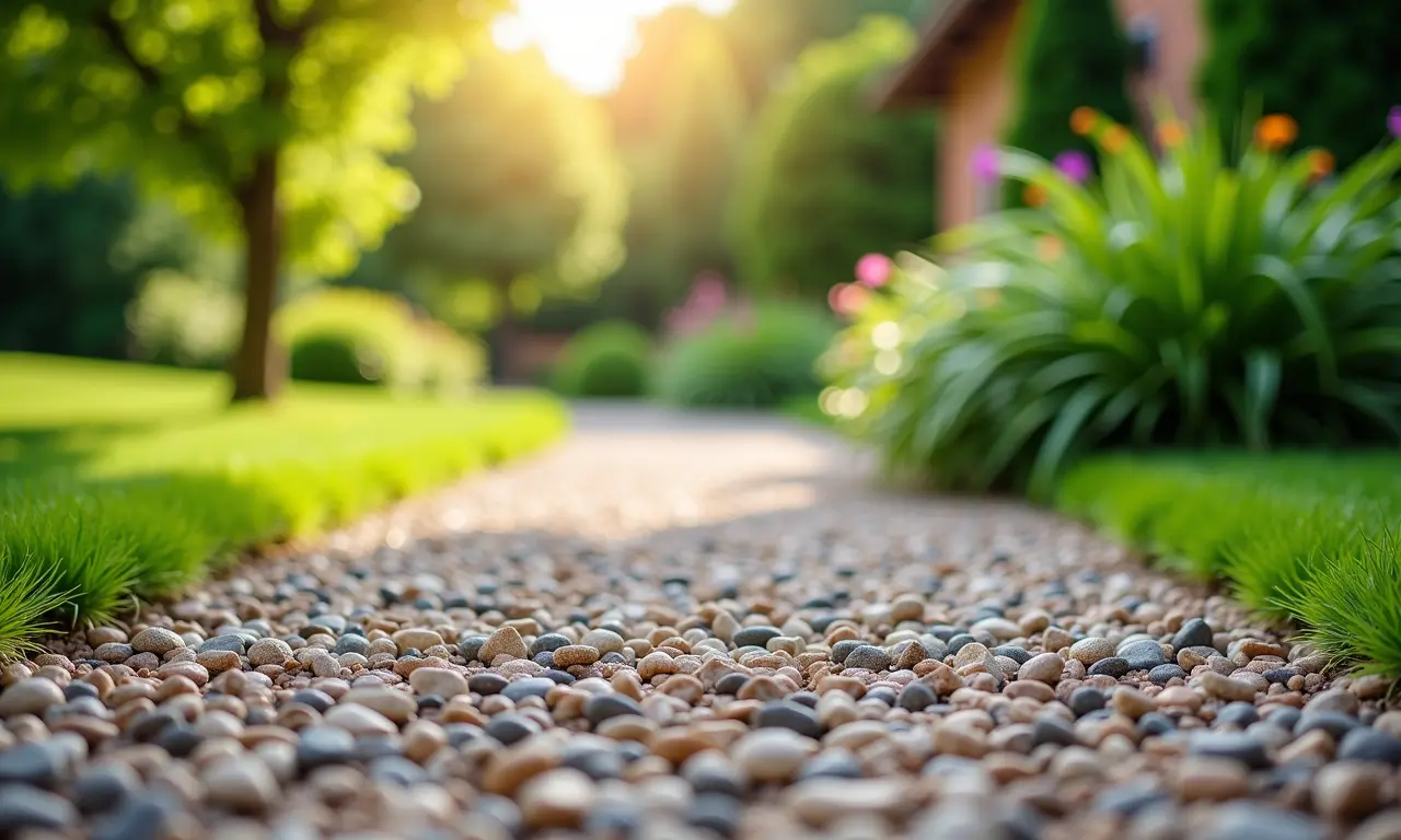 Piso drenante de pedriscos em jardim.