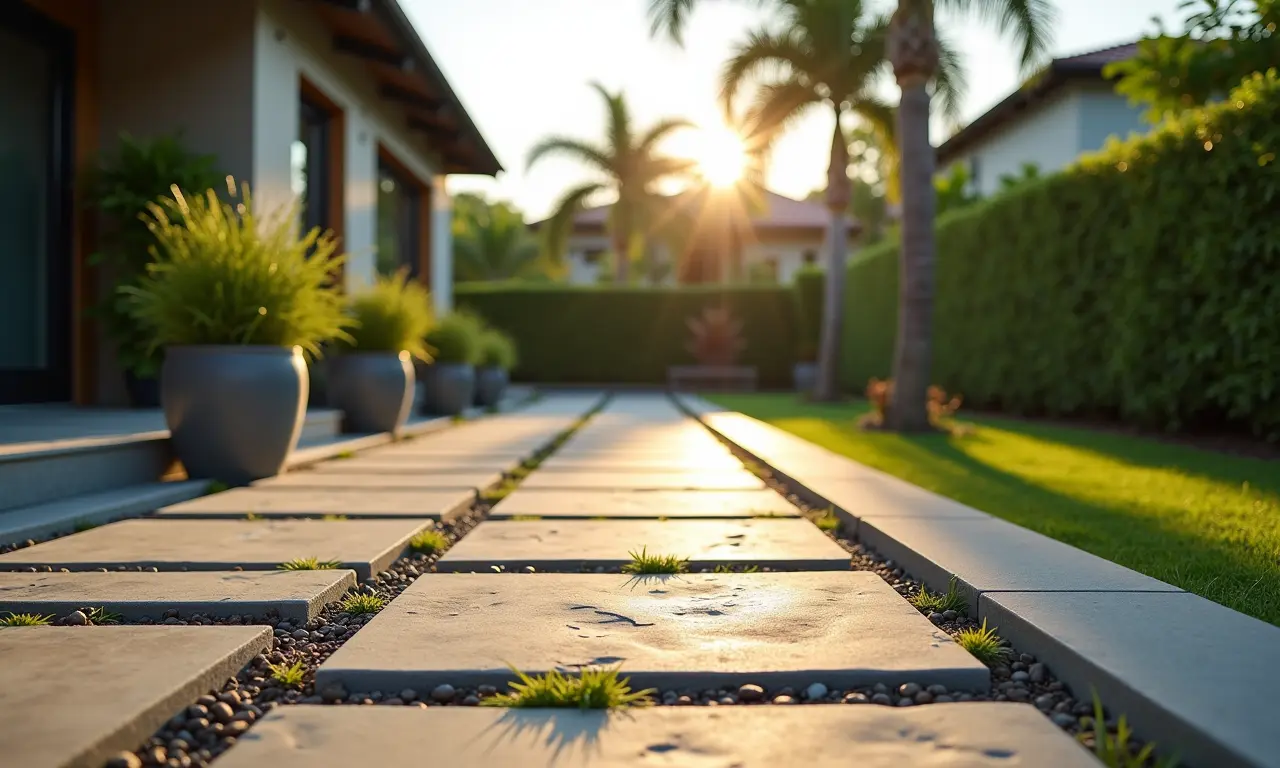 Piso drenante em área externa de residência brasileira moderna.
