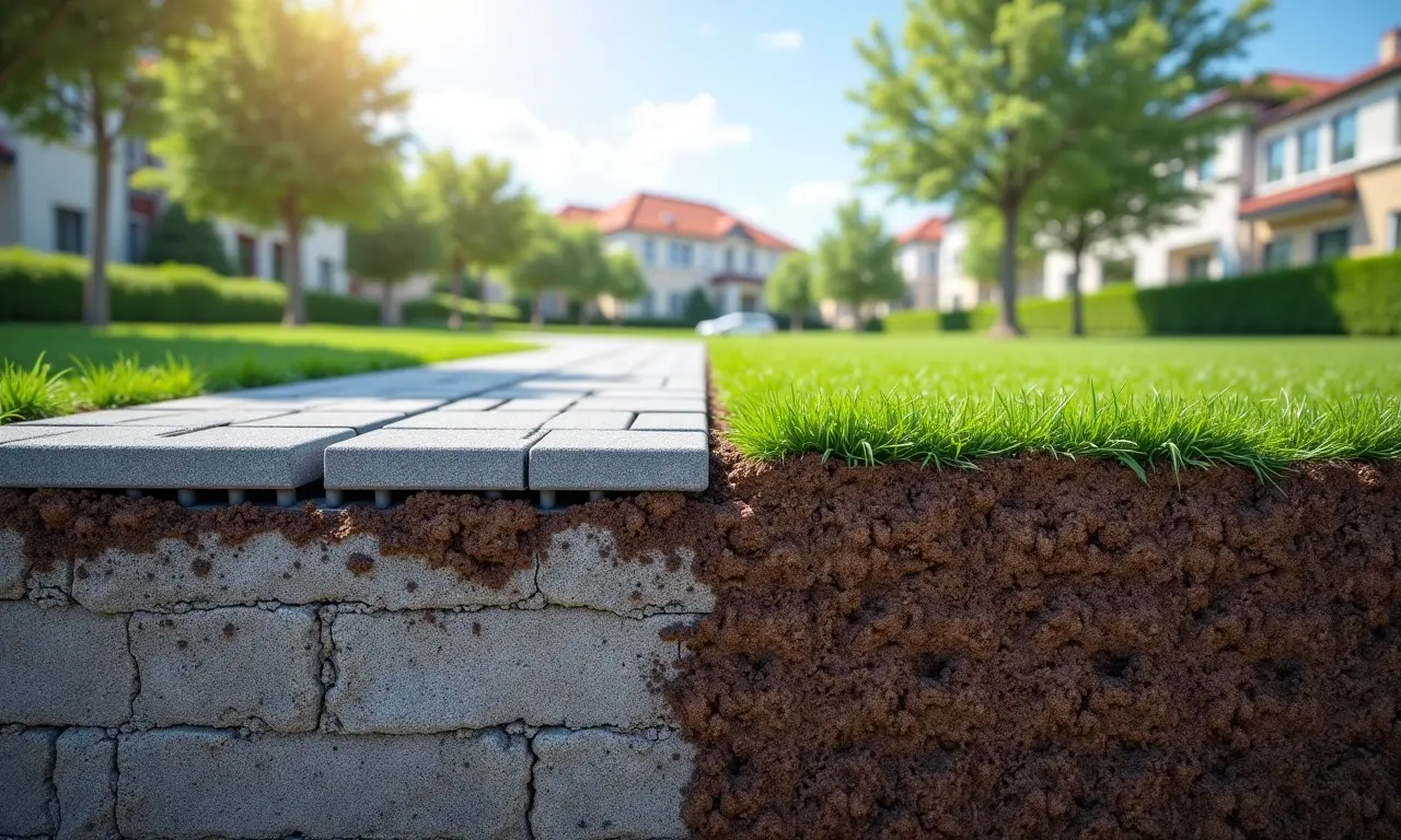 Piso drenante instalado em solo argiloso com problemas de drenagem.