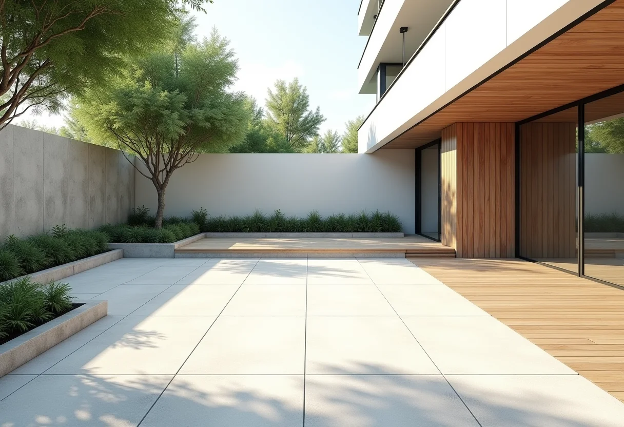 Piso elegante para área externa com diferentes materiais.