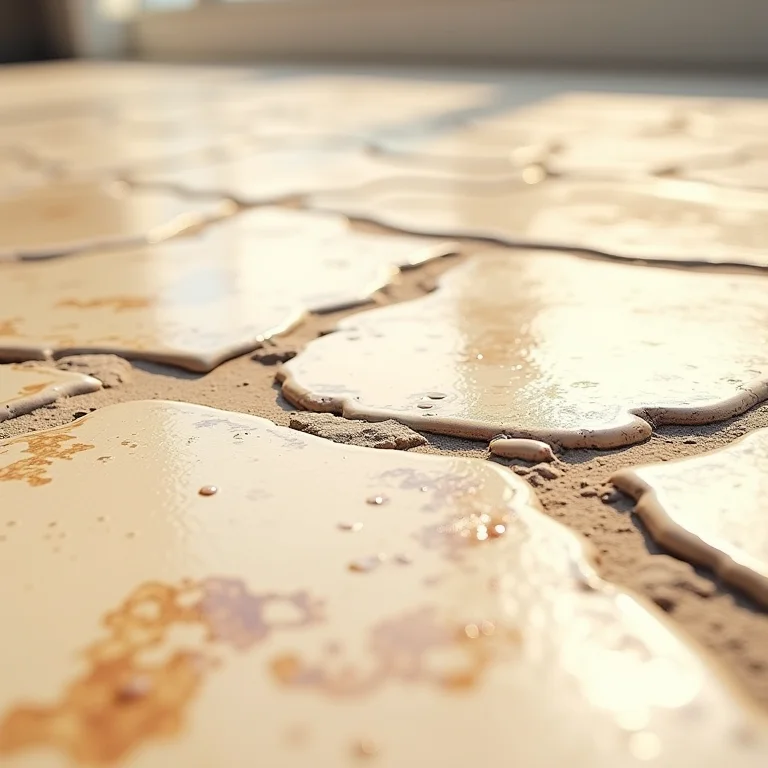 Piso externo desbotado e rachado pela exposição ao sol e chuva.