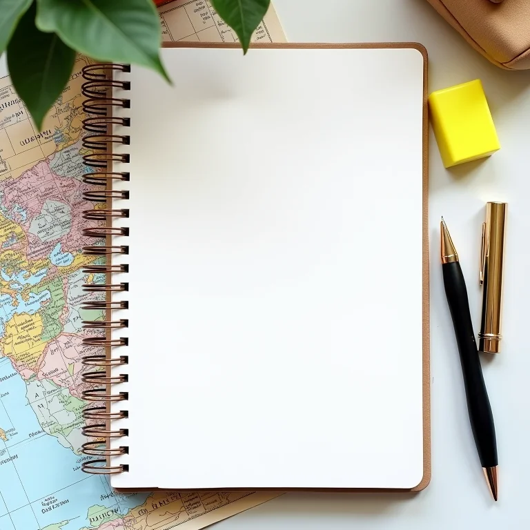 Planejador de viagem organizado com mapas e caneta