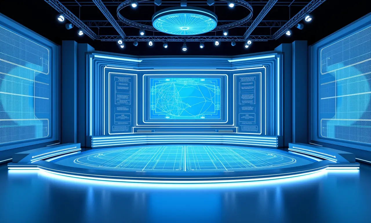 Planta baixa de um cenário de estúdio de TV, destacando elementos chave de design.