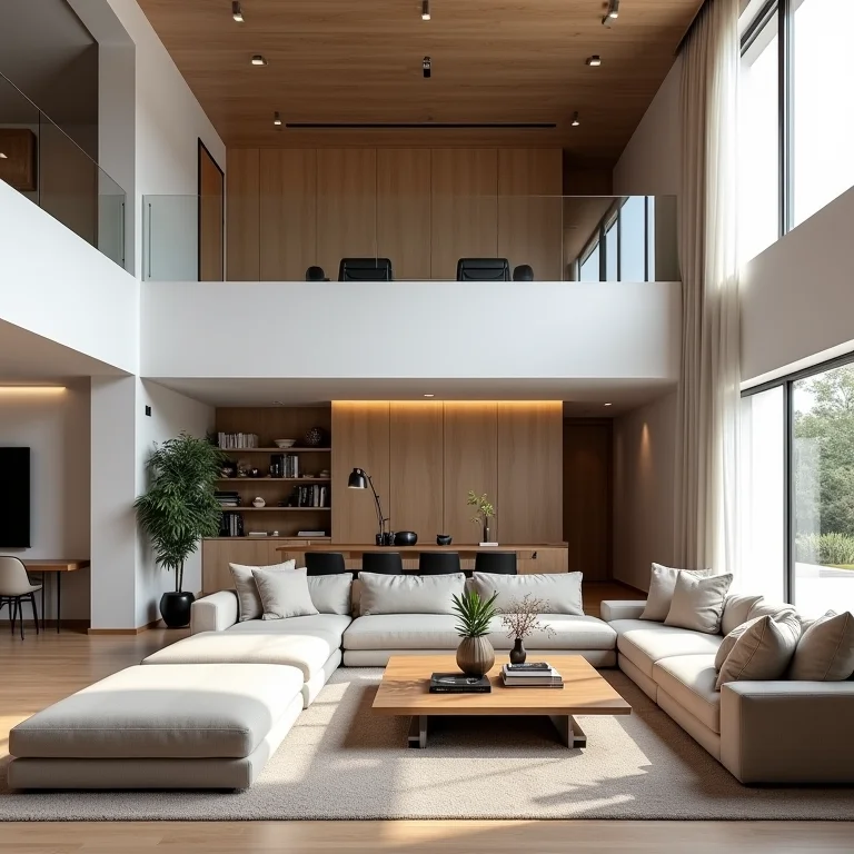 Planta baixa de um espaço de estar de pé direito duplo em conceito aberto com mobiliário bem distribuído.