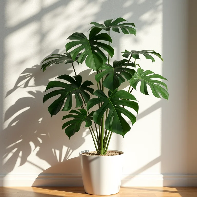 Planta Monstera em um vaso dentro de uma sala de estar bem iluminada.