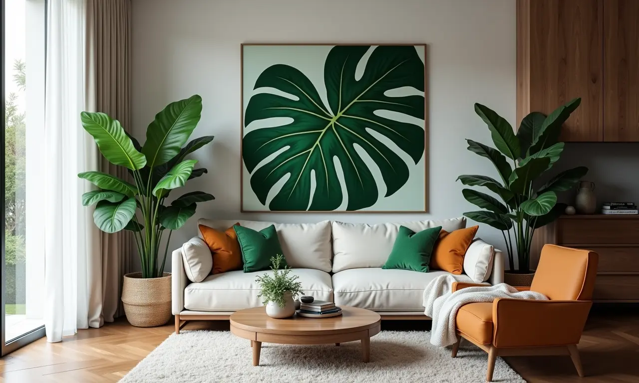 Planta monstera grande em sala de estar estilosa.
