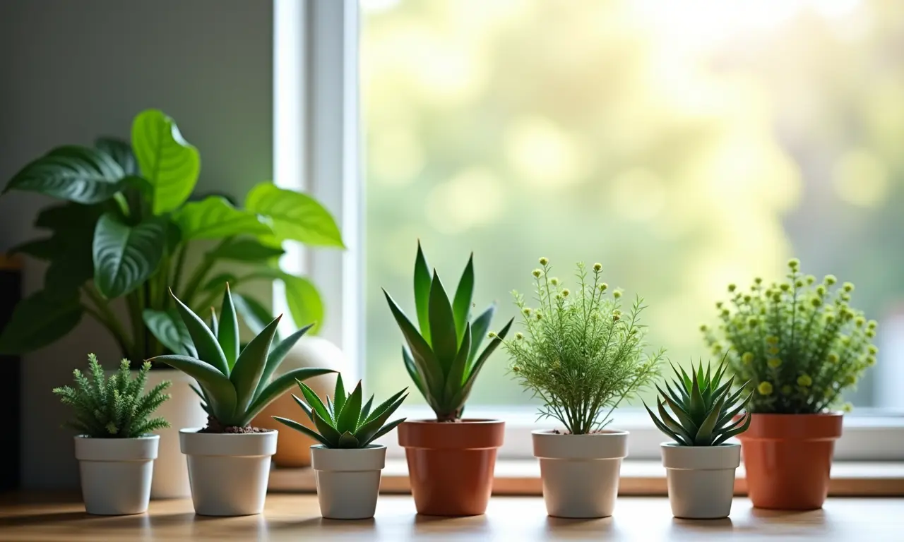 Plantas artificiais de diferentes tamanhos em cima de uma mesa.