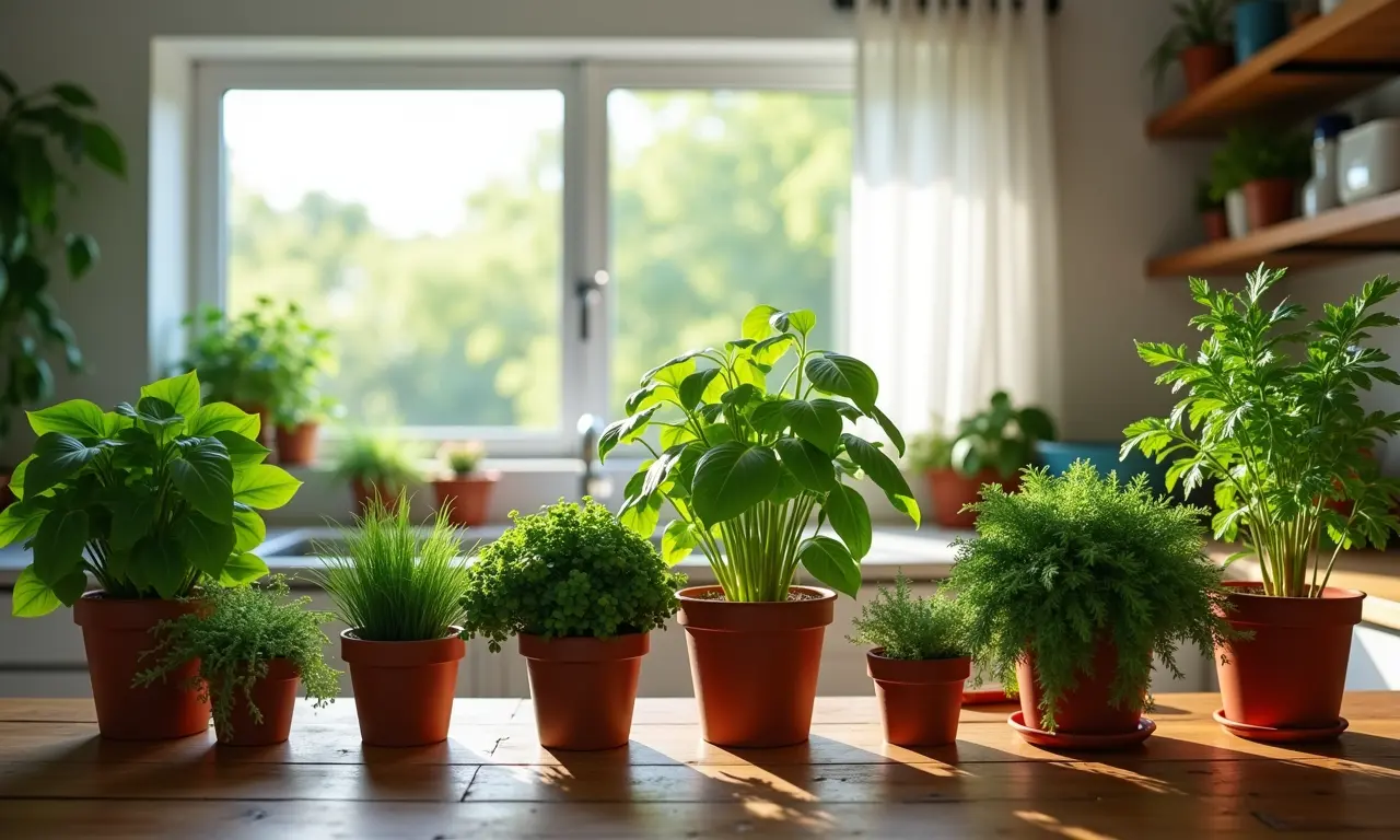 Plantas e ervas frescas na cozinha americana: vida e frescor.