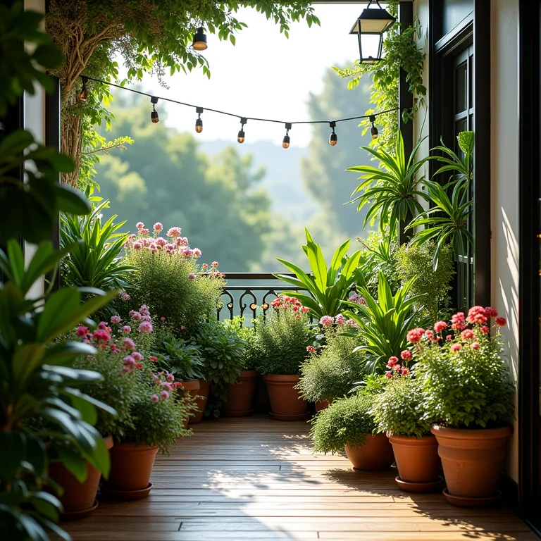 Plantas e flores exuberantes decorando uma varanda gourmet