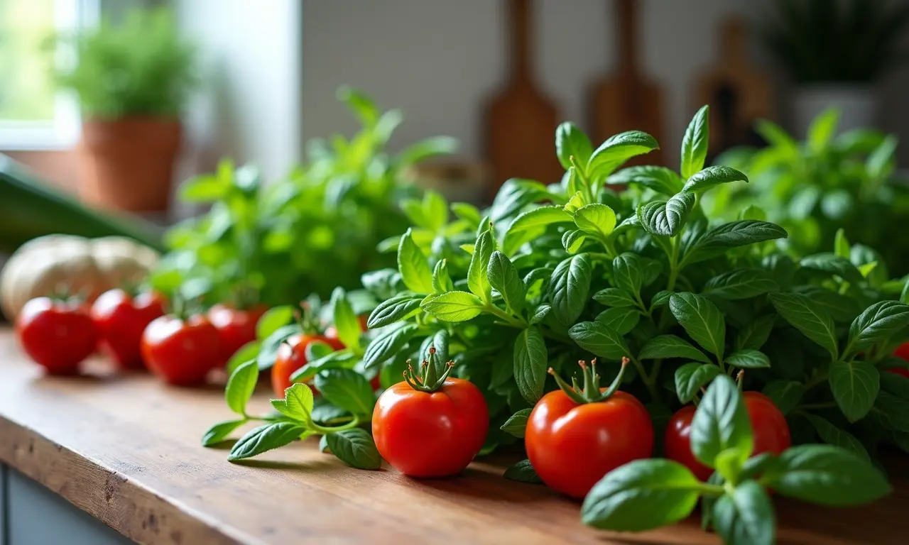 Plantas e temperos frescos na cozinha.