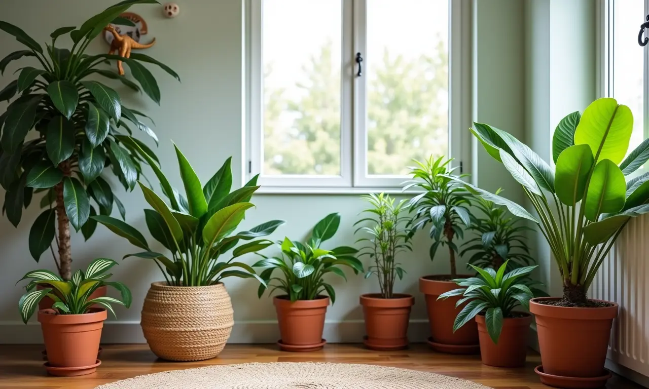 Plantas e verde natural em quarto com tema de dinossauro.