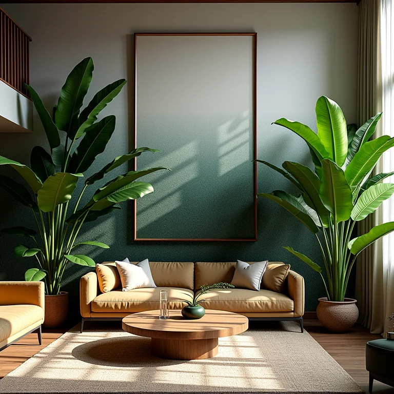 Plantas exuberantes em sala de estar com pé direito duplo