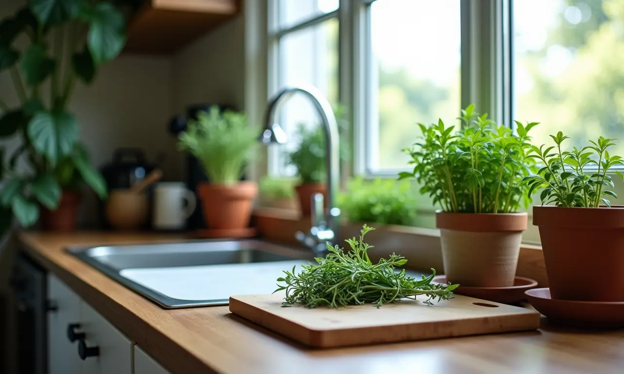 Plantas na cozinha pequena, frescor e vida ao ambiente.