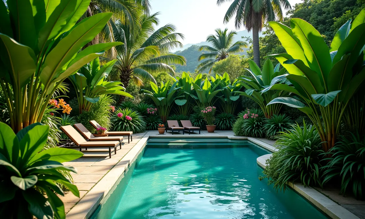 Plantas tropicais exuberantes ao redor da piscina.