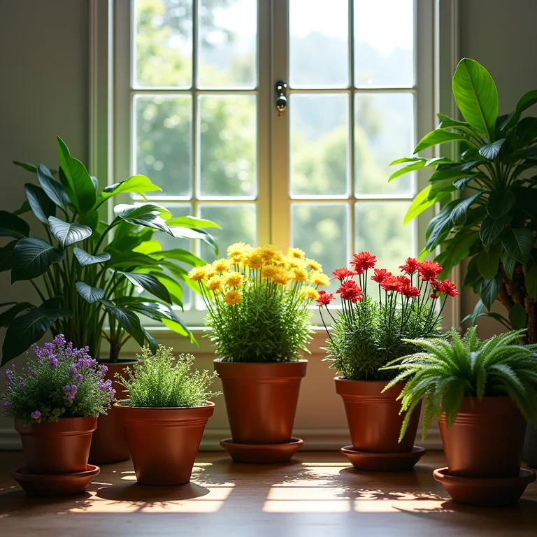 Plantas verdes e flores coloridas em vasos decorativos.