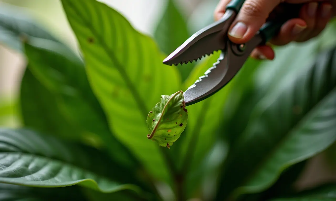 Podando cuidadosamente as folhas secas de uma Comigo-Ninguém-Pode.