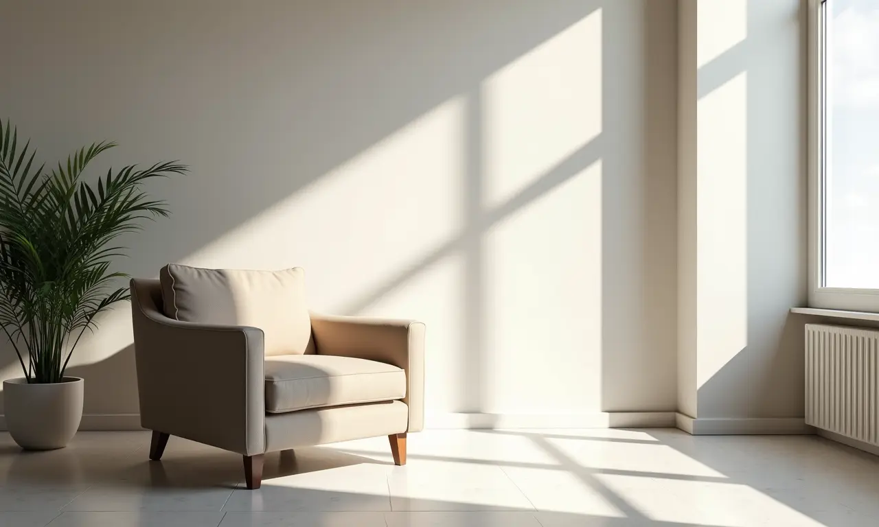 Poltrona clássica em sala de estar neutra com design atemporal.