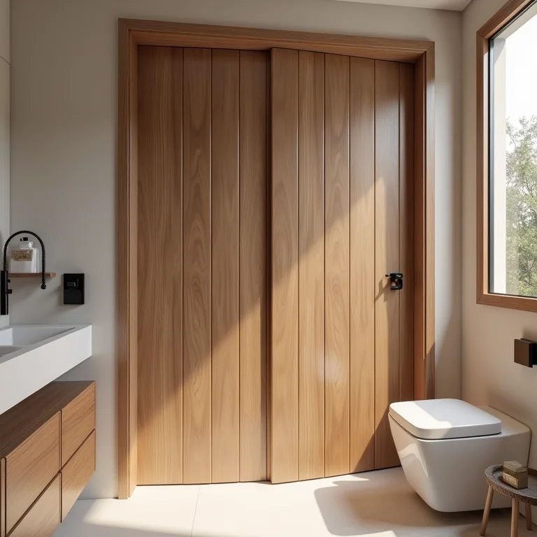 Porta de correr camarão em banheiro pequeno.