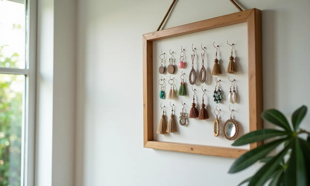 Porta-retratos expondo brincos.