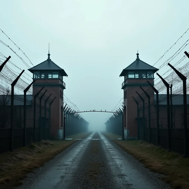 Portão de entrada de Auschwitz-Birkenau com arame farpado e torres de vigia