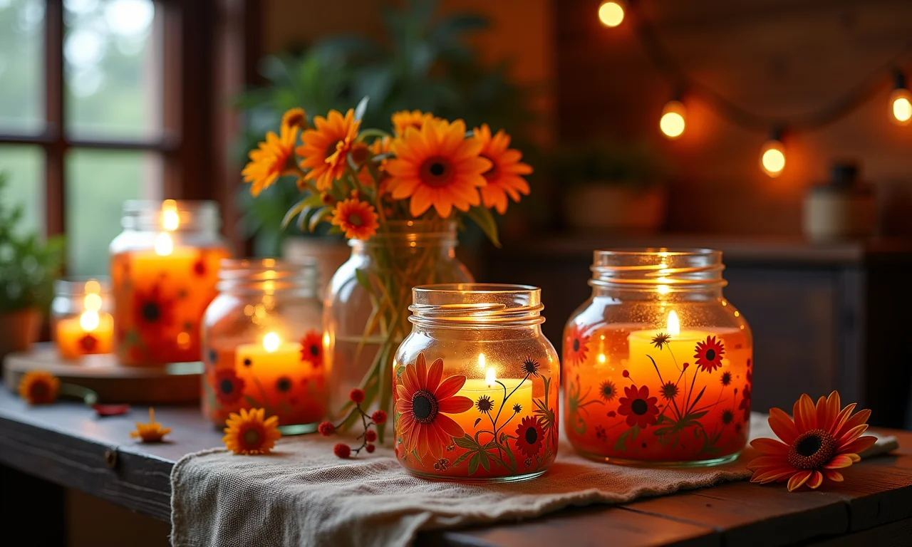 Potes de vidro decorados com velas e flores em uma festa junina.