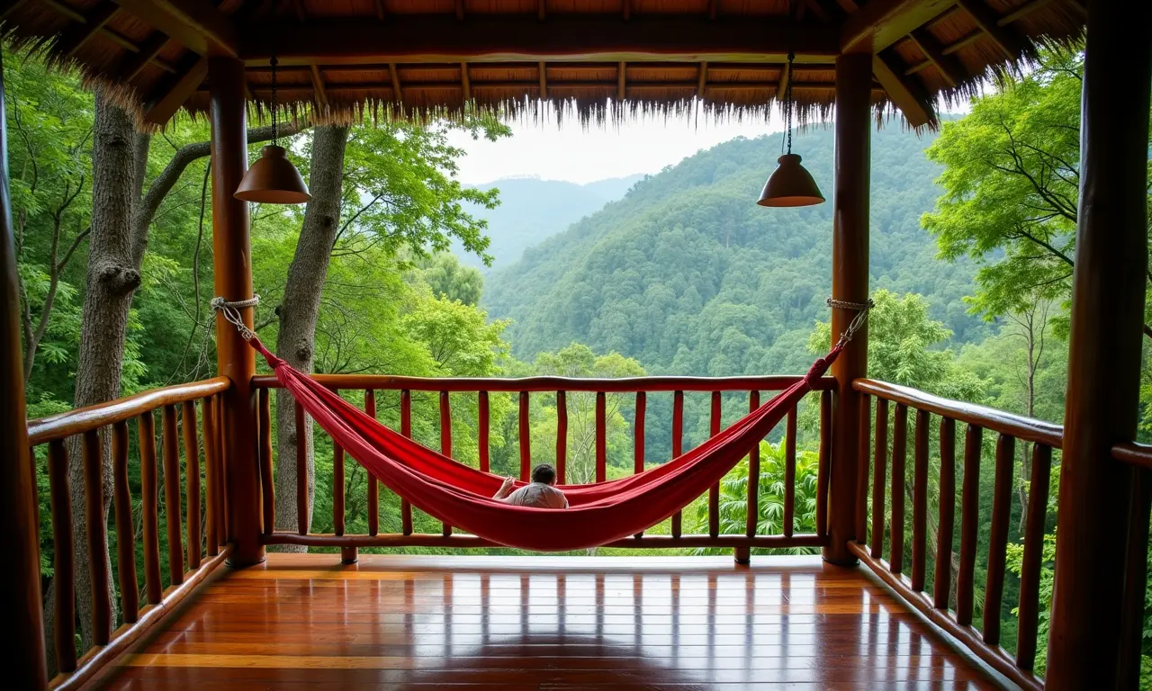 Pousada aconchegante na floresta de Gamboa com rede e sons da natureza.