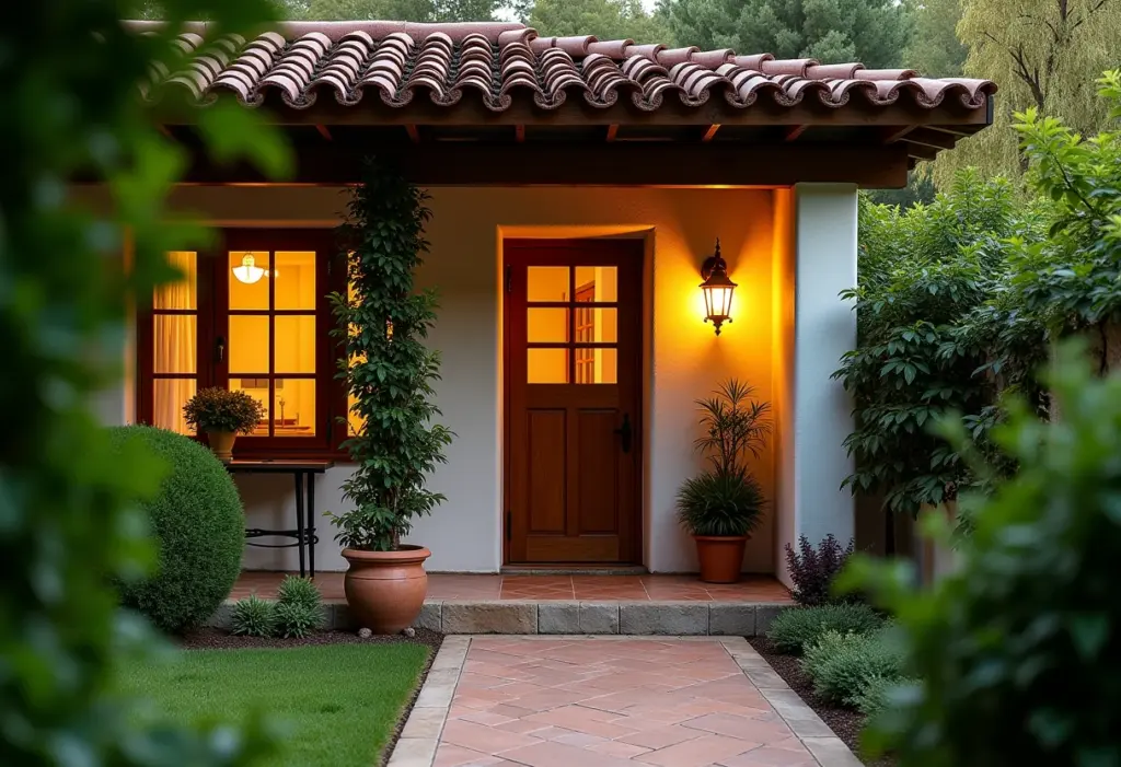Pousada charmosa com janelas iluminadas e vegetação exuberante