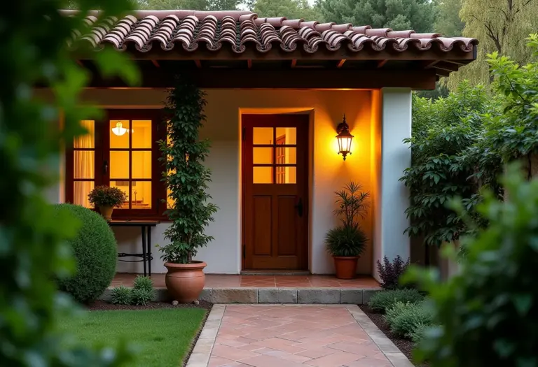 Pousada charmosa com janelas iluminadas e vegetação exuberante