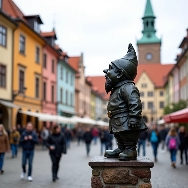 Praça do Mercado de Breslávia com edifícios coloridos e estátua de um duende