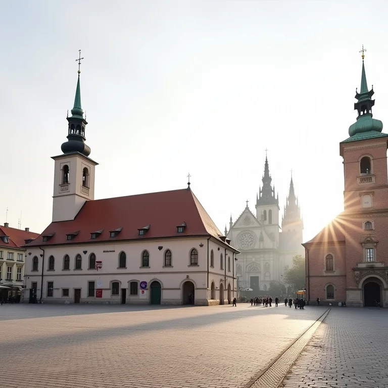 Praça do Mercado Principal em Cracóvia com o Cloth Hall e a Basílica de Santa Maria