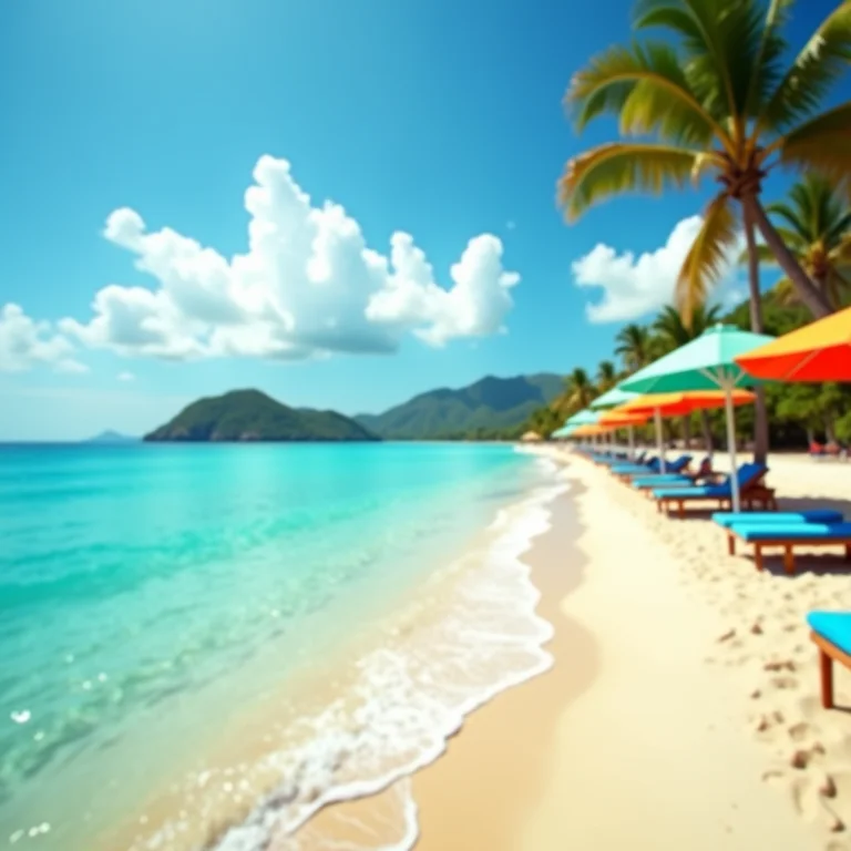 Praia brasileira com água turquesa e guarda-sóis coloridos