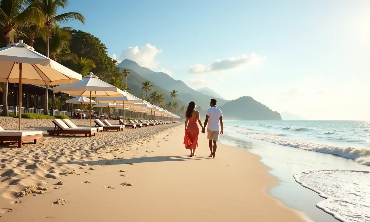 Praia de Camburi, SP: Casal caminhando na areia, sofisticação.