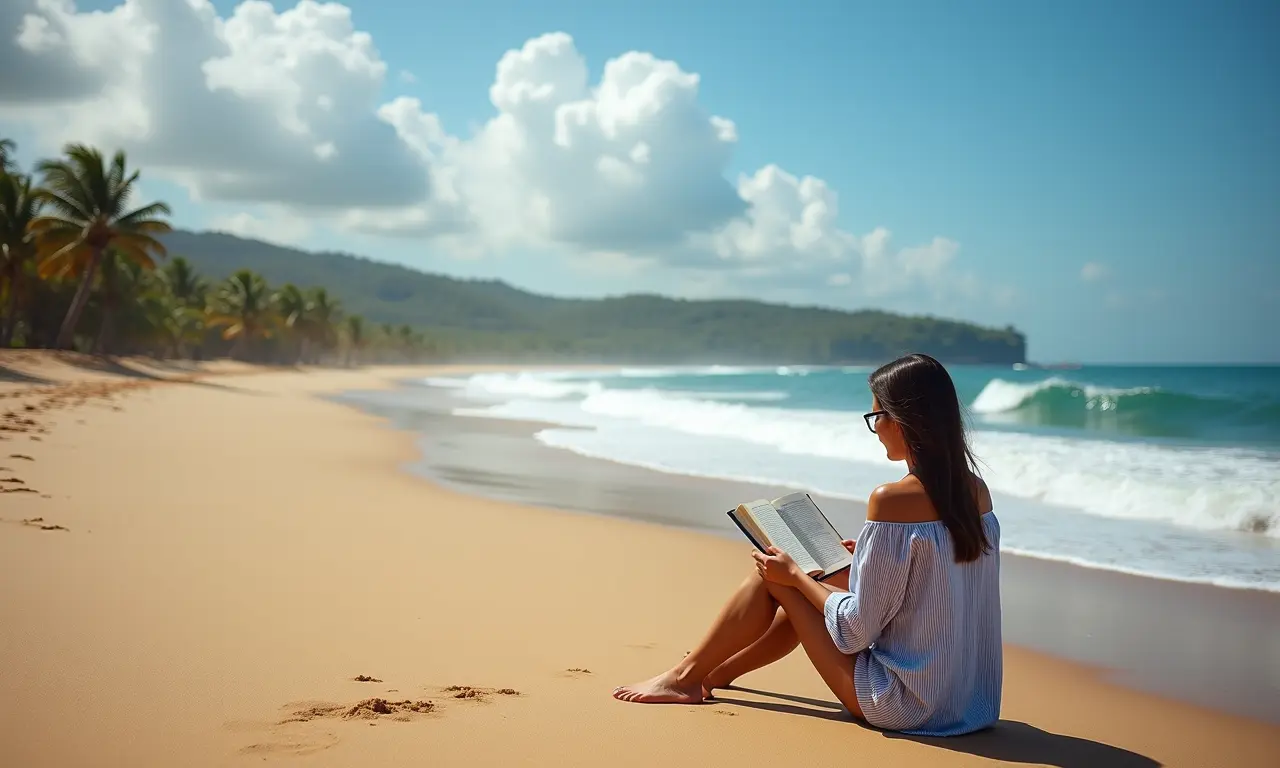 Praia de Ilhéus com plantações de cacau ao fundo.