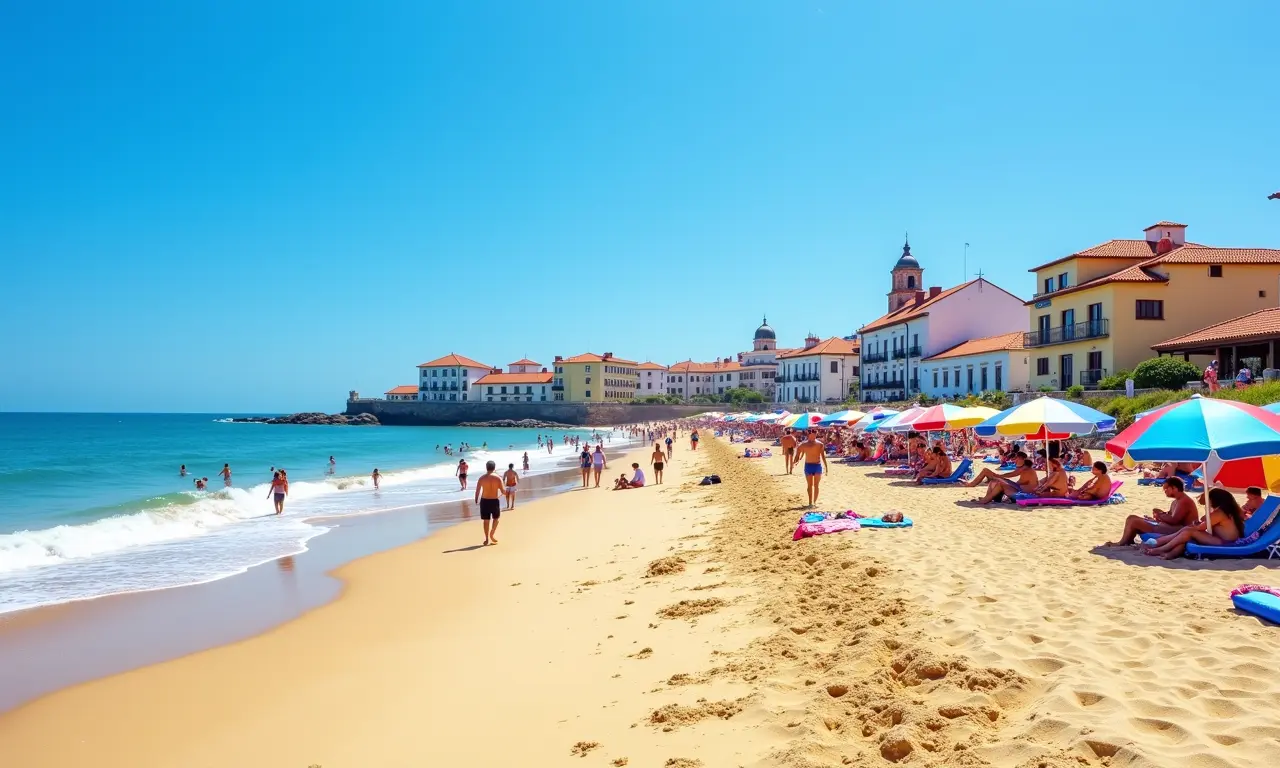 Praia de Porto Seguro com banhistas e prédios históricos ao fundo.