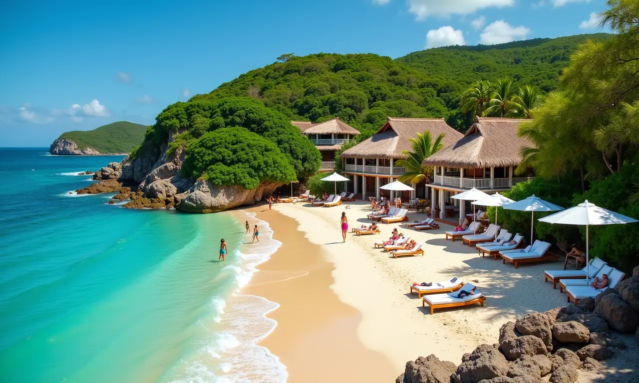 Praia de Trancoso com beach clubs coloridos e vegetação exuberante.