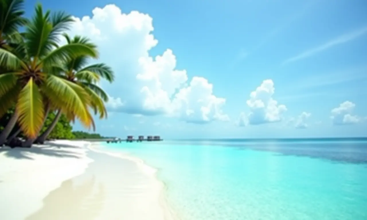 Praia nas Maldivas na meia estação com céu nublado.