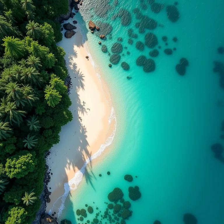 Praia paradisíaca com água turquesa e vegetação exuberante