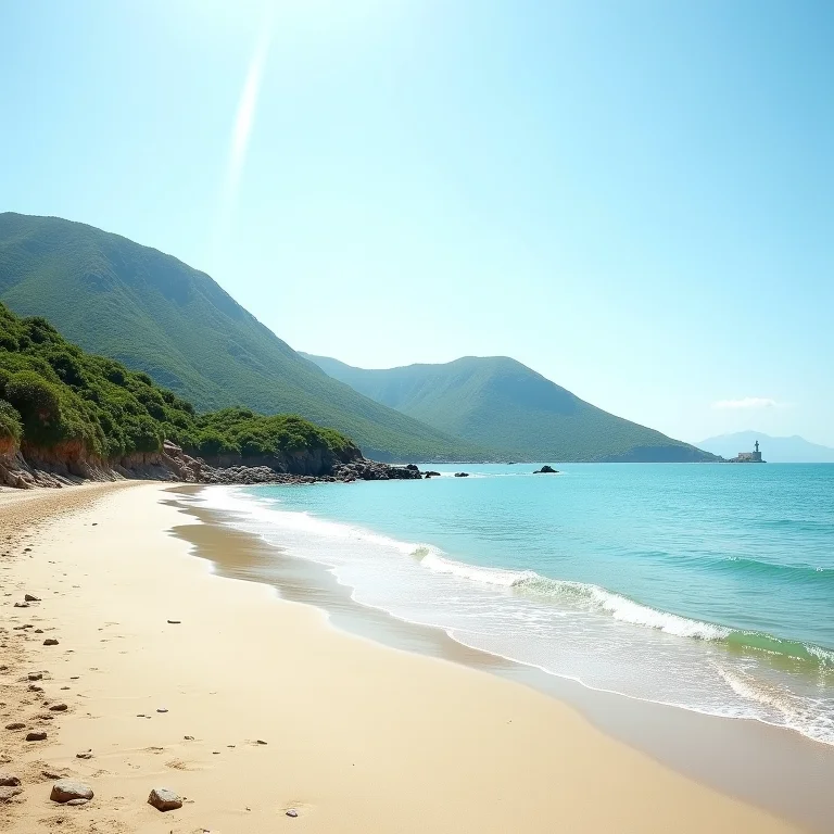 Praia tranquila na Ilha do Mel com água cristalina, colinas verdes e um farol histórico.
